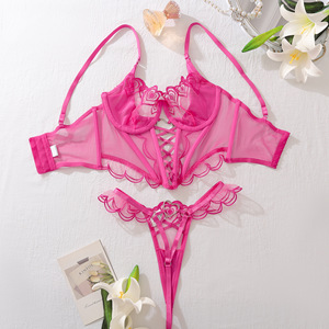 Ladies Sexy Teddy Bra And Panty Set Breathable Firm Control Thin Polyester Embroidery Two Piece Lingerie - Product Image 5