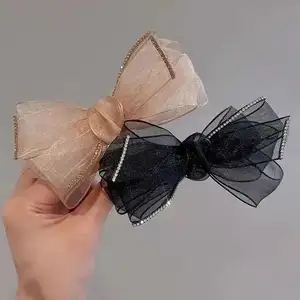 Mới Mùa Xuân Ribbon Bow Clip Nhiều Lớp Khoan Pha Lê Hàn Quốc Net Red Bow Kẹp Tóc Top Tóc Clip Organza Phụ Kiện