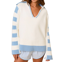 Pull en maille côtelée décontracté pour femme, 100 % coton, rayé, coupe ample, demi-zip, avec poignets côtelés, style preppy, vente en gros sur mesure