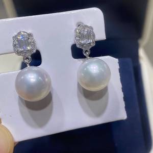 10-11mm Edison Pearl Drop Earrings, Near Round High Luster Slight Blemish Pearl, 925 Sterling Silver Rectangle Crystal earring - Product Image 1