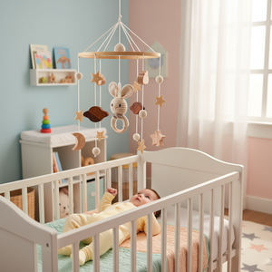 Mobile per Culla Neonato con Coniglio all'Uncinetto, Orso Bruno, Elementi del Regno Animale e Nuvole, con Stelle in Legno, Luna e Nuvole, Campanello Morbido per la Cameretta - Product Image 1