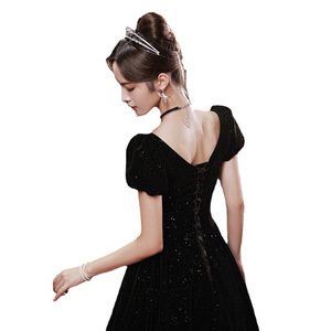 Black Velvet Evening Gown V-neck Ball Gown Natural Waist Solid Color Elegant One-piece Adult Formal Wear - Product Image 5