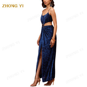 ผู้หญิงแฟชั่นหรูหราสีฟ้าเข้มพื้นผิวS Trappyกํามะหยี่ผู้หญิงชุดตัดเอวสูงSlitเซ็กซี่คลับMaxi <span class=keywords><strong>Dress</strong></span> - Product Image 3