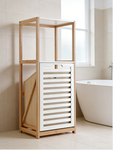 Scaffale <span class=keywords><strong>Salvaspazio</strong></span> Moderno in Bambù con Cesto Estraibile, Organizzatore Autoportante Alto per Bagno, Lavanderia e Camera da Letto - Product Image 3