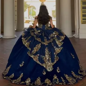 Abiti Quinceanera personalizzati in <span class=keywords><strong>Tulle</strong></span> blu Navy con applicazioni in pizzo <span class=keywords><strong>abito</strong></span> da ballo gonfio festa di compleanno Vestido De 15 Quinceanera - Product Image 1