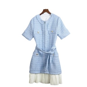 Nuovo Stile Primavera 2025 - <span class=keywords><strong>Abito</strong></span> in <span class=keywords><strong>Tweed</strong></span> Blu Cielo Fresco Stile Francese con Collo Tondo, Vita Stretta e Plissettato - Product Image 5