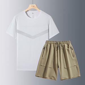 Ensemble T-shirt et short de sport pour homme, personnalisable avec logo, à manches courtes, fin, extensible, effet rafraîchissant, séchage rapide, idéal pour l'été et le fitness - Product Image 2