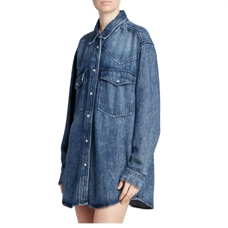 Women Oversize Denim Button Up Shirt Snap Pearl Buttons Western Style Jeans Blouse