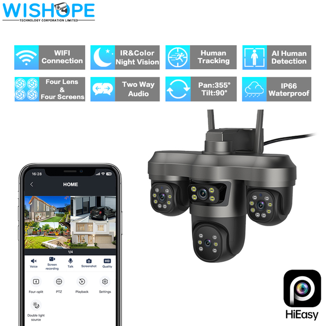 Wishope 4 Lens 8MP Wi-fi Outdoor Security Camera IP66 Night Vision Cctv Camera Two Way Audio Smart Camera Support More Scene