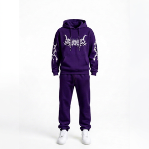 <b>Purple</b> Men's Hooded Tracksuit Set Cotton Fleece Full Sleeve Streetwear Print Design Autumn Casual Wear With Drawstring Closure - Product Image 1