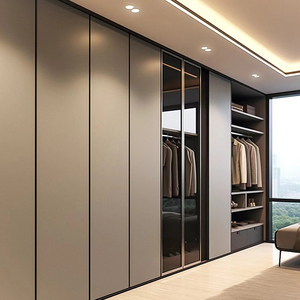 Moderna <span class=keywords><strong>cabina</strong></span> <span class=keywords><strong>armadio</strong></span> con pannelli a venature di legno e porte in vetro Custom Design <span class=keywords><strong>armadio</strong></span> per camere da letto di lusso - Product Image 5