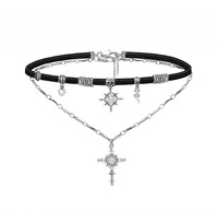 Kalung Kulit Salib Stellar Lapis Ganda Unisex Berlapis Perak Paduan Tembaga Manis Keren Misterius Perhiasan Liburan Modis