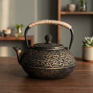 กาน้ำชาโลหะแบบจีนโบราณพร้อมฝาปิดและด้ามจับโลหะ - Product Image 4