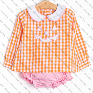 Wholesale <strong>Halloween</strong> Holiday <strong>Baby</strong> Girl Leggings Set Woven Orange Gingham Long Sleeve Top and Bloomer Set Sister Matching <strong>Outfits</strong> - Product Image 3