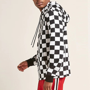 de alta calidad de hombre <span class=keywords><strong>jersey</strong></span> de lana <span class=keywords><strong>blanco</strong></span> y negro manga larga a cuadros comprobado sudaderas con capucha - Product Image 2