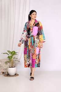 Robe kimono en coton patchwork réversible pour femme, peignoir long avec cordon de serrage, thermique, respirant, hiver et été - Product Image 3