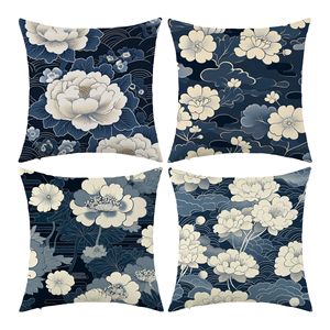 Housse de coussin lombaire carrée Hanlin bleue et blanche à motifs floraux, lavable, pour canapé de salon - Product Image 2