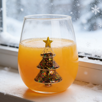 Verre à vin sans pied de 380 ml avec paillettes, résistant à la chaleur, en verre borosilicate de haute qualité, thème de Noël, recyclable et écologique