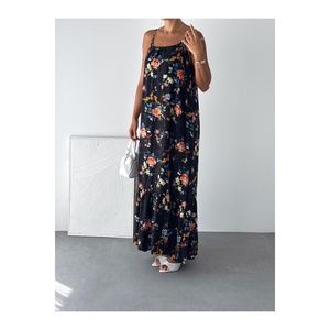 Women's Black Floral Strappy Viscose Maxi Dress With Side Pockets Casual <b>Long</b> Dress - Product Image 2