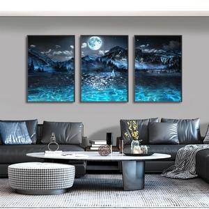 Voilier sur le <span class=keywords><strong>lac</strong></span> nuit noire nature morte impression sur toile moderne abstrait clair de lune montagne <span class=keywords><strong>paysage</strong></span> naturel affiche art mural - Product Image 4