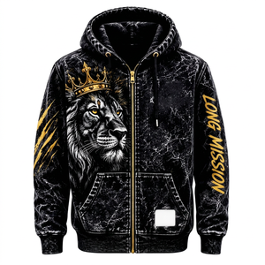 Sudadera con capucha y cremallera para hombre Long Mission, diseño de corona de león con estampado por sublimación, 100% algodón polar, transpirable, para invierno, corte regular, estilo hip hop - Product Image 1