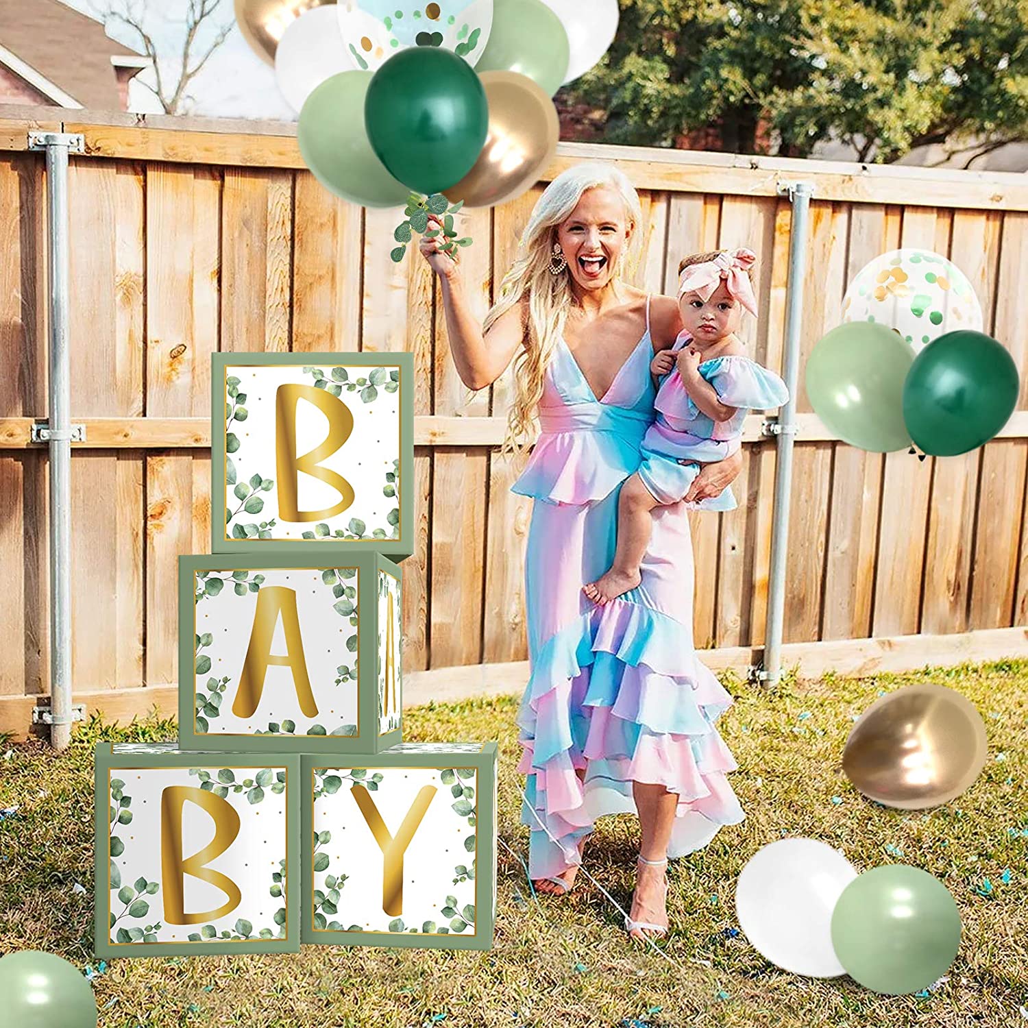 Sage Green Baby Shower Backdrop with Balloons & Eucalyptus