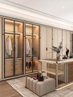Dressing moderne de luxe sur mesure, armoire vitrée avec îlot central, meuble de rangement haut de gamme pour chaussures et sacs