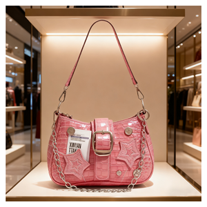 定制徽标免费样品 OEM 牛仔半月形单肩包 女式时尚腋下包 可爱帆布斜挎链条包 - Product Image 1