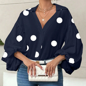 Blus Wanita Grosir Motif Polkadot V-Neck Lengan Panjang Mengembang Model Longgar - Product Image 5