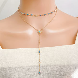 Grosir disesuaikan manik-manik akrilik biru paduan liontin bintang emas rantai rumbai kalung untuk wanita - Product Image 3