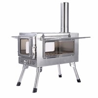 Estufa de Camping de Acero Inoxidable para Exteriores con Ventana de Vidrio de Doble Cara, Patas Plegables y Dos Rejillas Metálicas