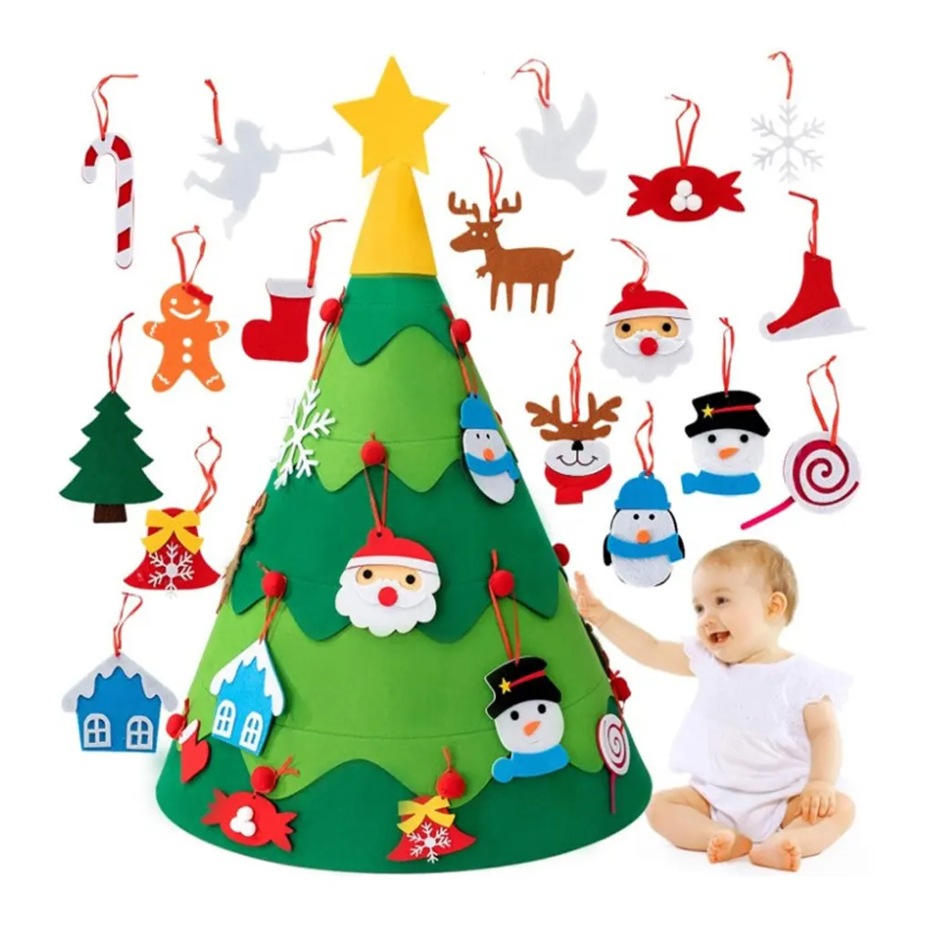 Home Decoration DIY Felt Christmas Tree Wall Hanging Artificial Xmas Tree with Santa Claus Snowflakes Ornament New Year Kid Gift