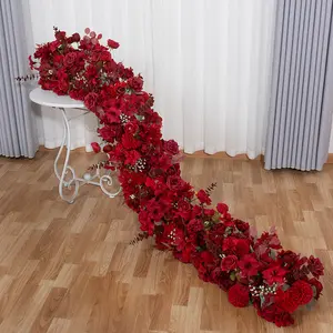 A-FR001 künstlicher 5d roter Blumenläufer Hochzeitstisch Seidenrose Blume Tischläufer Blumenreihe für Hochzeitsdekoration