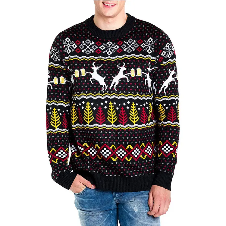 Men's autumn and winter casual loose jacquard stitching knitted long-sleeved round neck pullover Christmas sweater custom