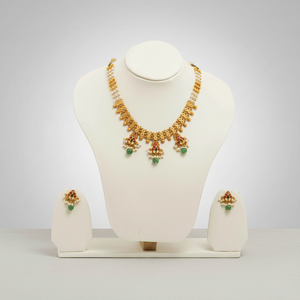Traditional Indian Gold Bridal Necklace <b>Set</b> with Pearl <b>Beads</b> Red Green Stones Wedding Jewelry for Women - Product Image 1