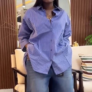 Camisa de manga larga a rayas azules para mujer, top holgado a la moda - Product Image 5