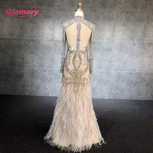 2020 nuovo Stile di Lusso Collo Alto A Maniche Lunghe Che Borda Piuma Elegante Mermaid <span class=keywords><strong>Abito</strong></span> Da Sera - Product Image 3