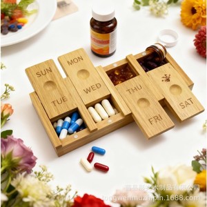 <b>Bamboo</b> Weekly Pill Organizer Rectangular Magnetic Closure Portable <b>Container</b> For Vitamin Storage - Product Image 1