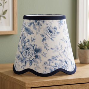 Premium Cotton Floral Print <b>Lampshade</b> | Blue & <b>White</b> Handcrafted Fabric Shade with Scalloped Edge & Contrast Navy - Product Image 3