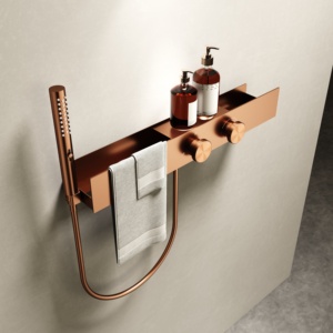 Sistema de Ducha Termostático de Latón de Lujo en Oro Rosa, Empotrado en Pared, con Mezclador, Rociador de Lluvia, Estante de Almacenamiento y Toallero - Product Image 5