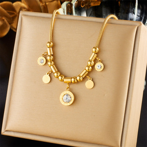 Roman Numeral Disc CZ Charm 2Pcs Gold Plated <b>Titanium</b> Steel Snake <b>Chain</b> Beaded Dainty Jewelry Sets For Women Designer Luxury - Product Image 2