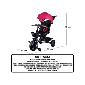 Tricycle Star Fuchsia Net 65x47x110 cm, capacité 25 kg, pour enfants, avec auvent et guidon réglable - Product Image 3