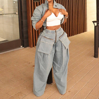 GX1015 Fashion Boutique Style Vintage Femmes Manches Longues Col Roulé Élégant Denim Tops et Loose Cargo Jean Pant 2 Pièces Sets