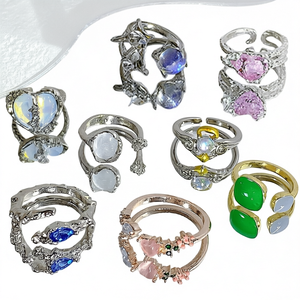 Vintage Y2K Opal Stainless Steel <b>Rings</b> <b>Set</b> Geometric Heart Open <b>Ring</b> Silver Plated Crystal Jewelry for <b>Women</b> Party Gift BEST - Product Image 1