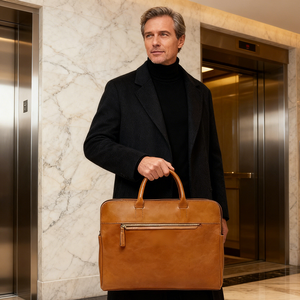 男性用フルグレインレザーブリーフケースビジネストラベルケースメッセンジャーバッグフィット14インチラップトップ - Product Image 6