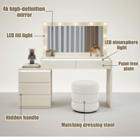 Table de toilette moderne en bois pour filles avec tiroir et miroir éclairé en blanc pour chambre à coucher