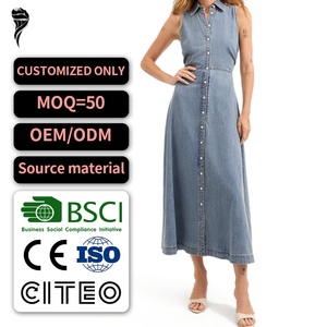 Robe longue en jean décontractée pour femme, sans manches, boutonnée, bleu vintage, style décontracté d'été - Product Image 1