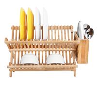 Étagère de rangement de cuisine pliable à double niveau en bambou Houselin pour évier, vaisselle, bols et ustensiles