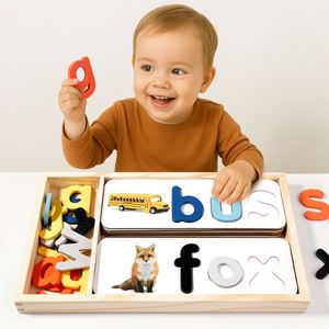 Juego de Letras para el Aprendizaje del Abecedario para Jardín de Infancia, Tablero de Construcción de Palabras CVC, Juguetes de Madera para el Aprendizaje de Ortografía con Caja de Almacenamiento - Product Image 1