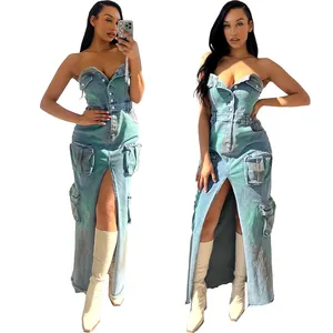 fashion women ladies light blue sexy denim jeans strapless long high slit button up midi dress 2023 elegant boutique for women